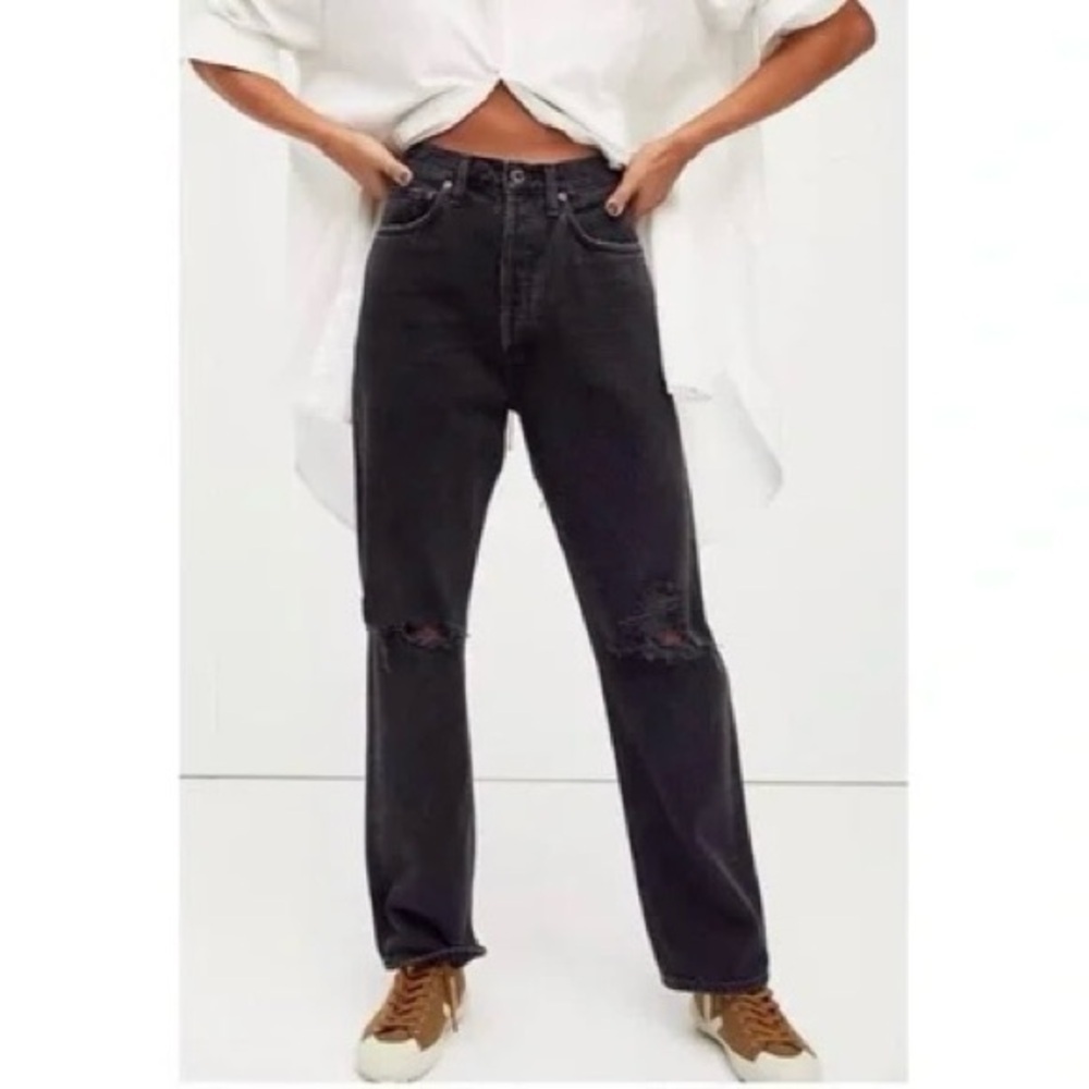Agolde 90s Mid Rise Loose Jeans in Smokestack Black Ripped size 27